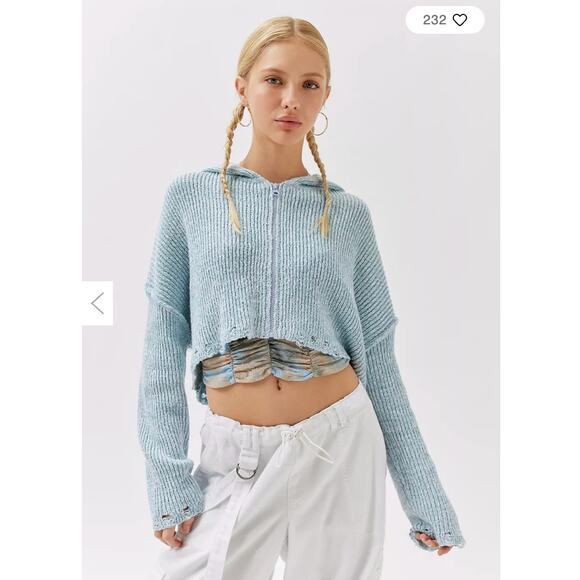 Urban Outfitters Jacket Womens Small Blue Rhode Distressed Hooded Cardigan Crop - Picture 4 of 12